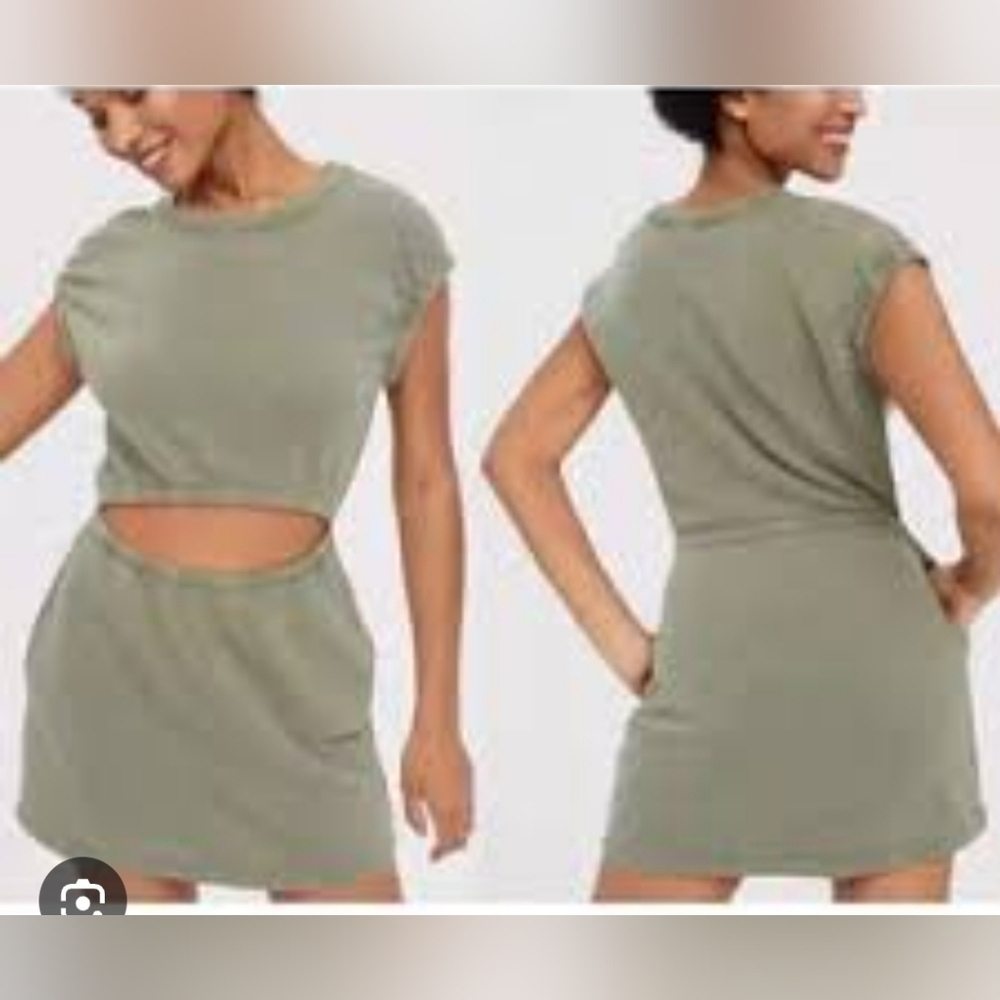 Offline By Aerie Women’s Weekend Fleece  Cut out Front Mini Dress Olive M